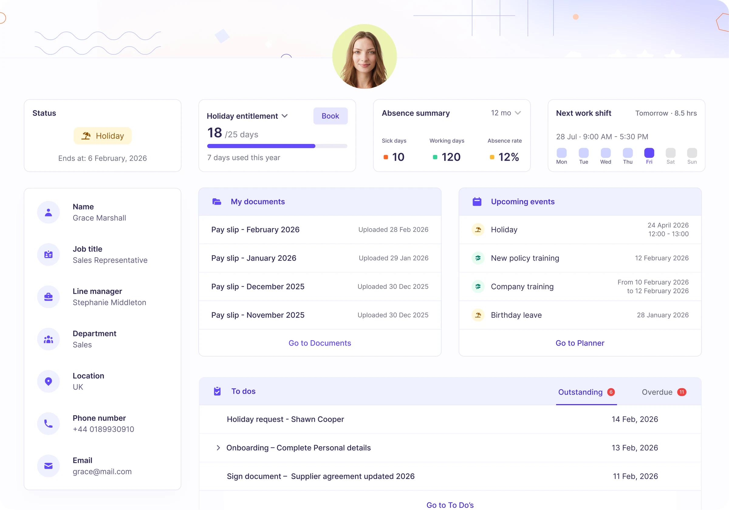 Sense HR employee profile — status, holiday entitlement, absence summary, documents and to dos