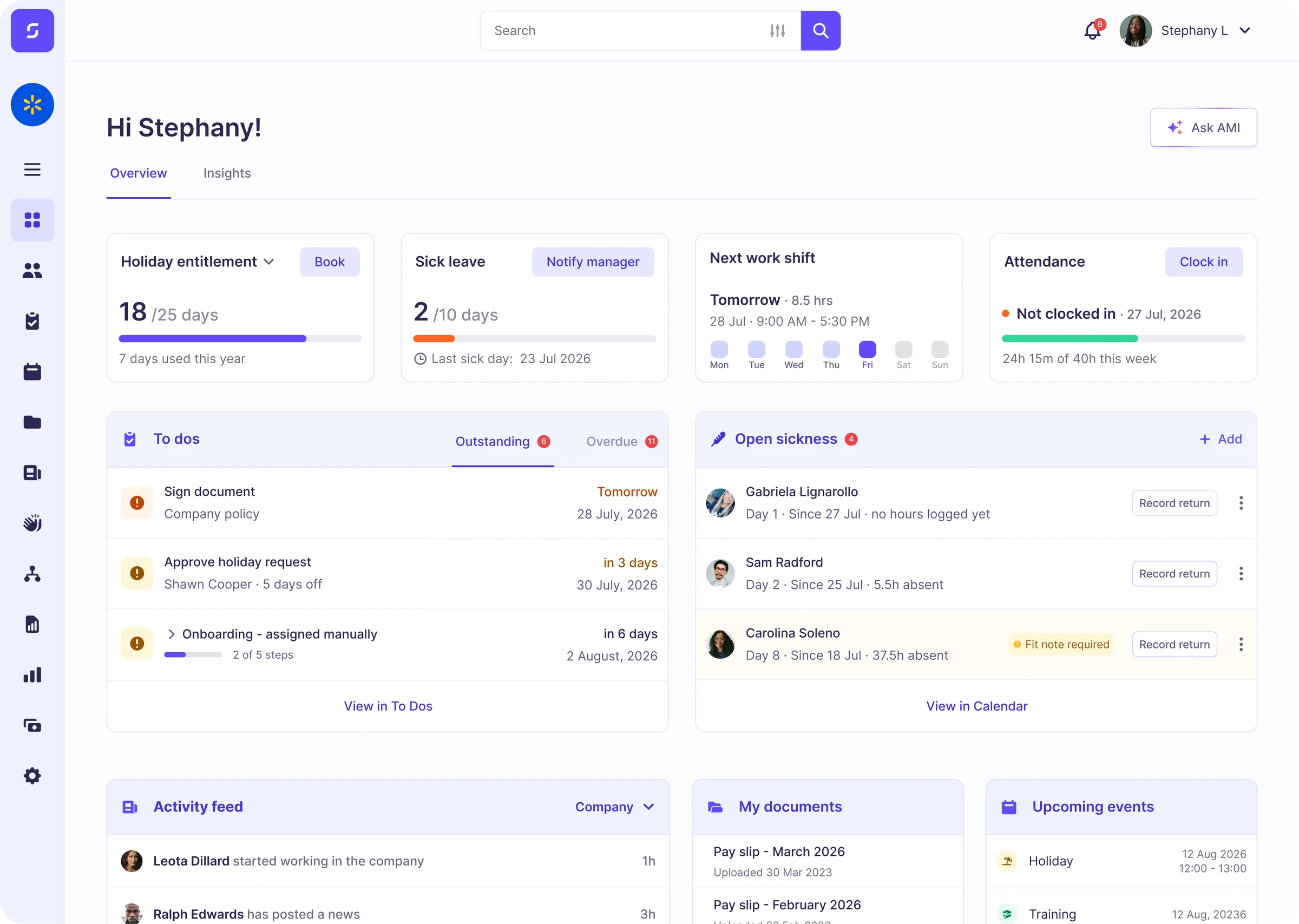 Sense HR dashboard — overview, requests and reminders