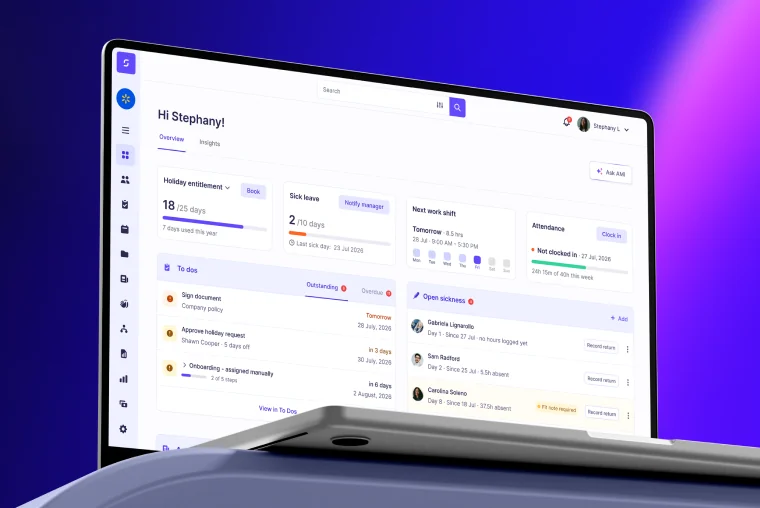 Sense HR dashboard on a laptop, showing holiday, sickness and attendance at a glance