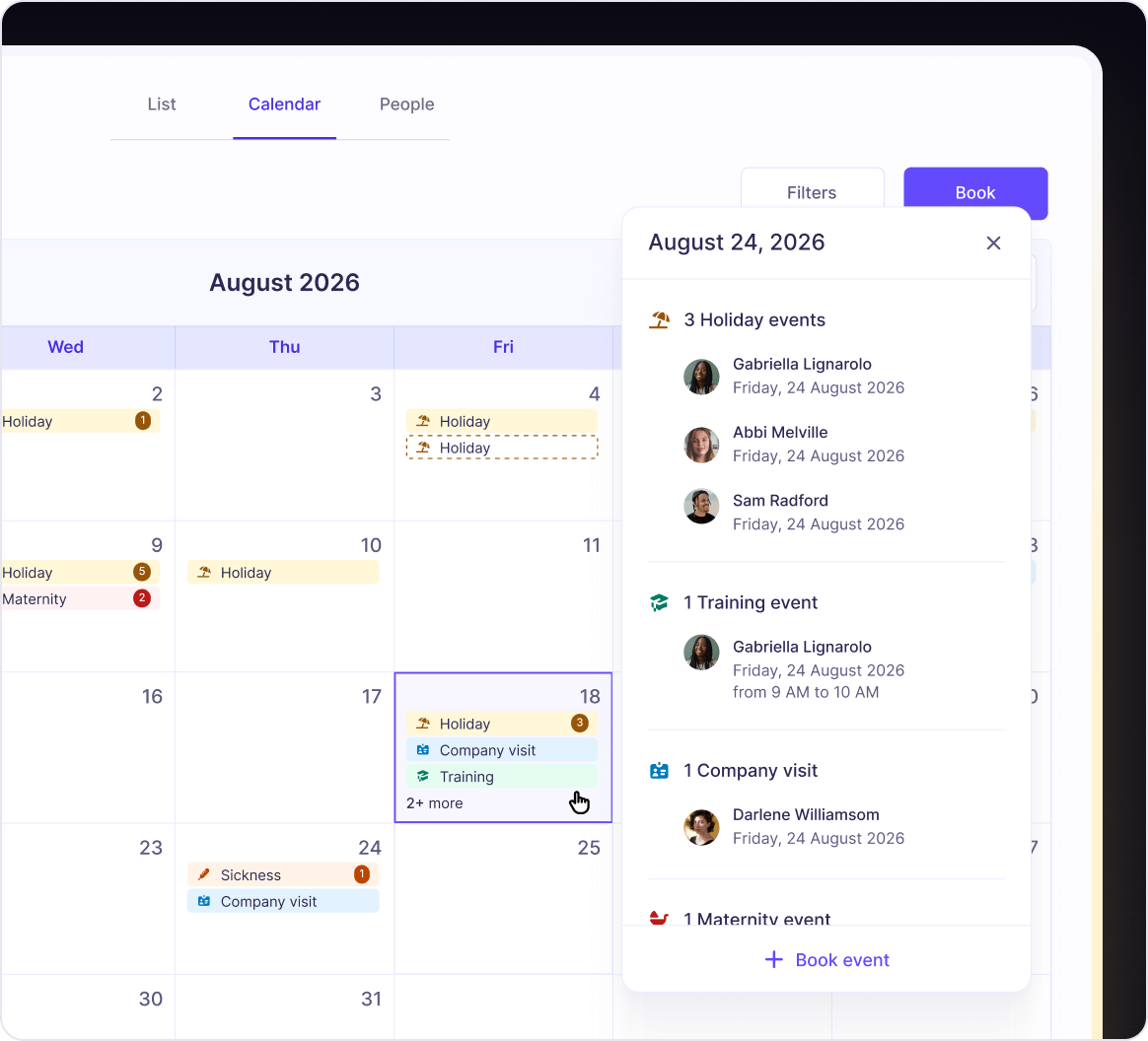 Sense HR calendar — holidays, sickness and company events at a glance