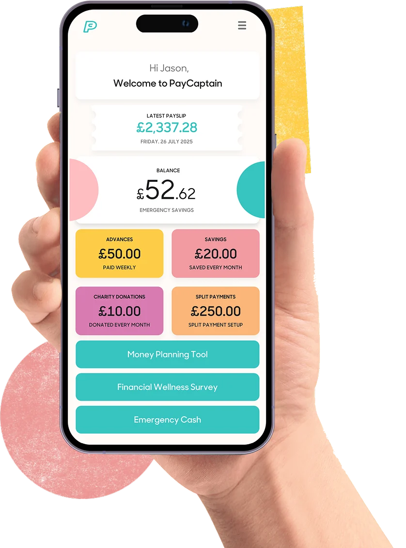 The PayCaptain app showing a latest payslip, emergency savings, wage advances and other financial wellbeing tools