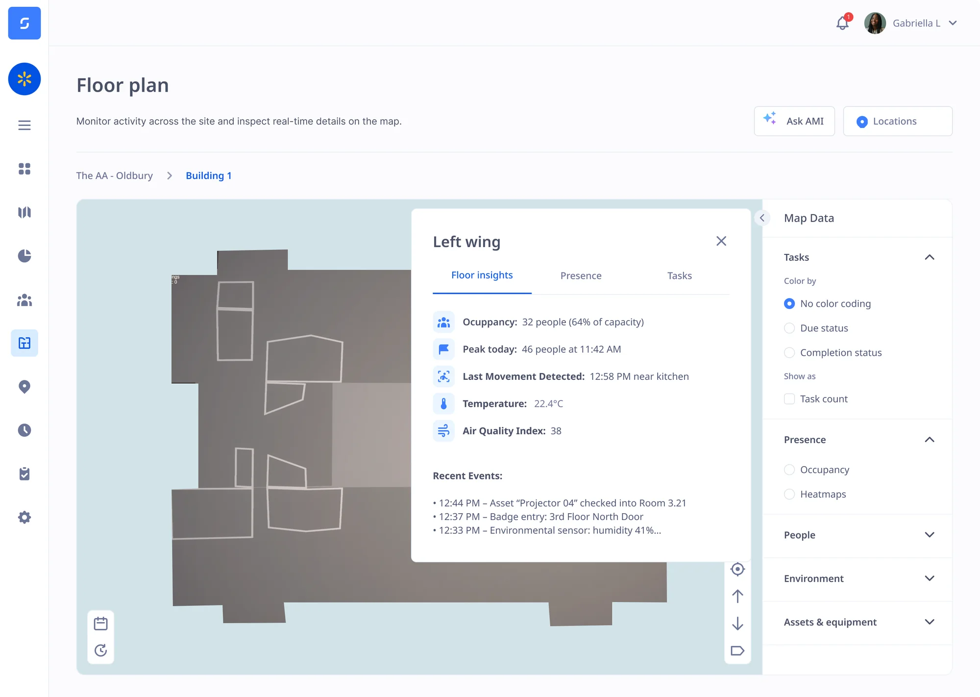 The Sense floor plan of a site, with occupancy, recent events and presence for one wing