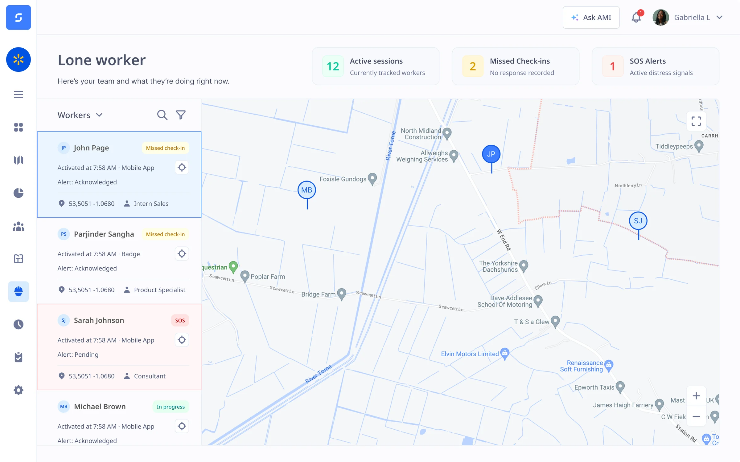 Sense lone worker screen: active sessions, missed check-ins and SOS alerts, the team listed beside a live map of where each person is
