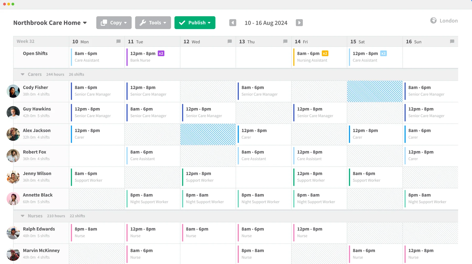A weekly rota in a rota system, the shifts Sense compares with the hours actually worked