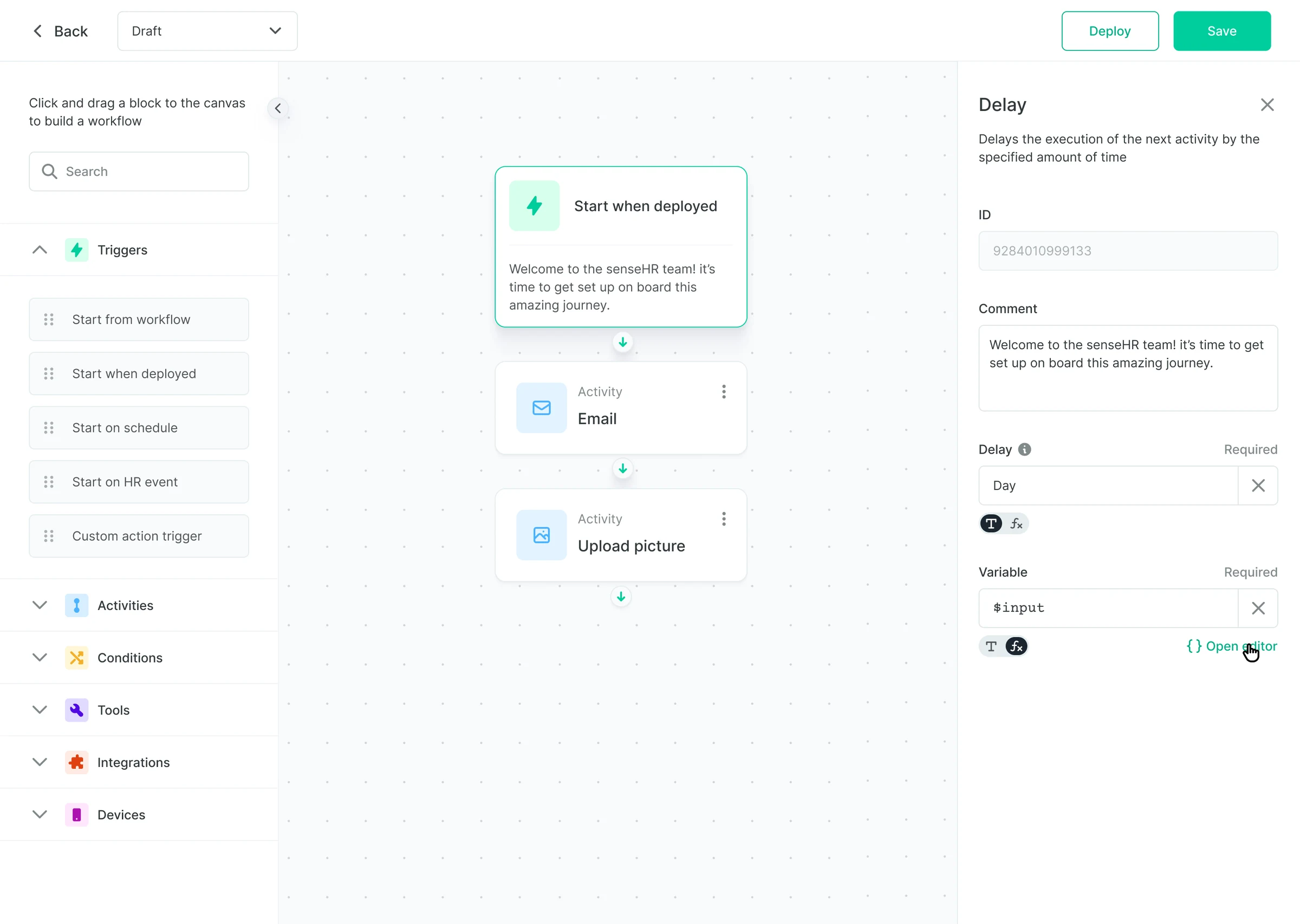Sense Automate workflow builder: drag trigger, activity, condition, tool, integration and device blocks onto the canvas; the selected step's settings open on the right
