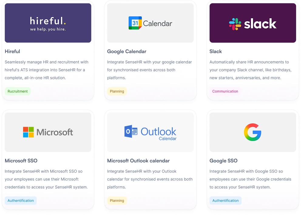 Integrations: Hireful, Google Calendar, Slack, Microsoft SSO, Microsoft Outlook calendar and Google SSO
