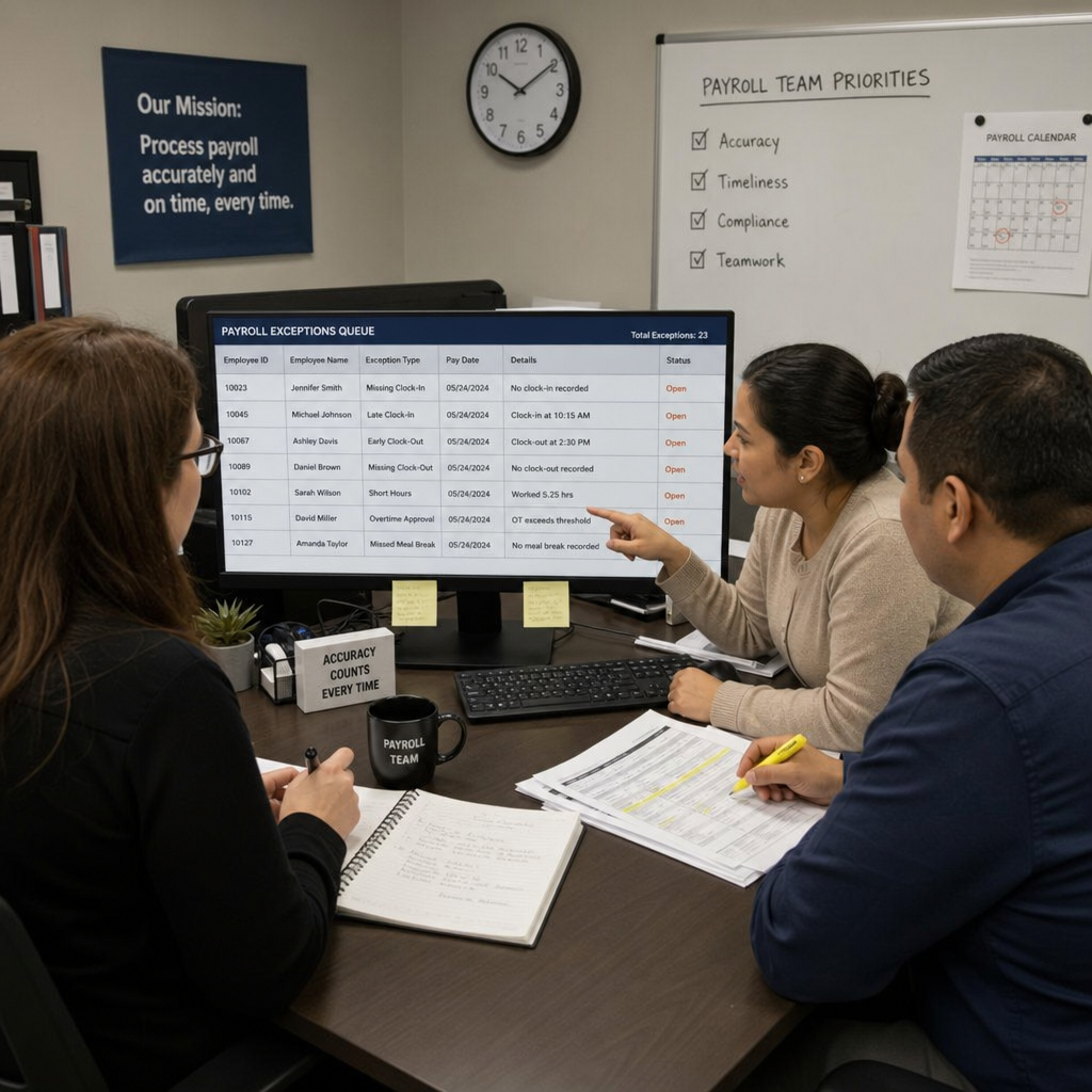 Payroll team reviewing exception queue and mismatched clock-ins