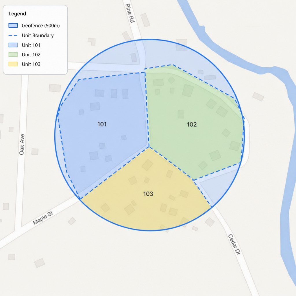 Map showing a circular geofence overlapping neighbouring units