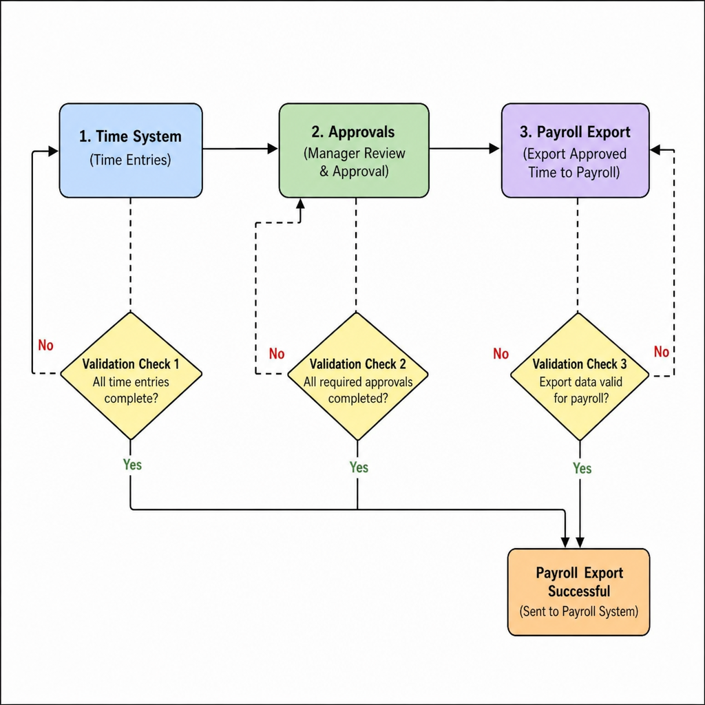 Flow diagram: time system → approvals → payroll export with validation checks