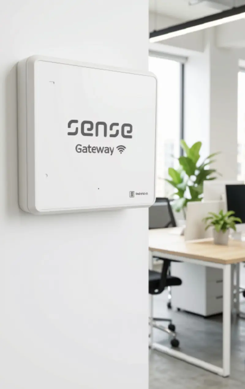 Sense Gateway RTLS device mounted on a wall next to an open-plan office