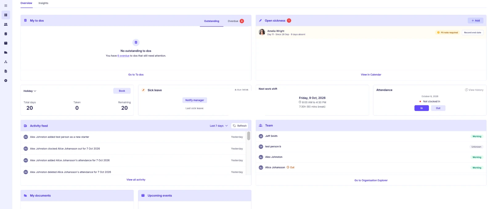 Sense HR 7.0 Administrator Dashboard with widgets and activity information.