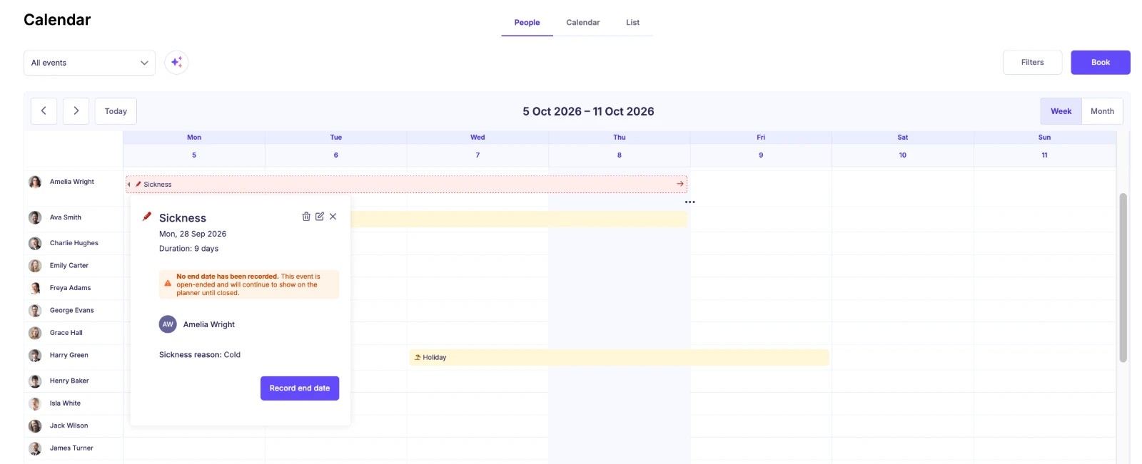 Sense HR Calendar showing a Sickness booking without a confirmed end date.
