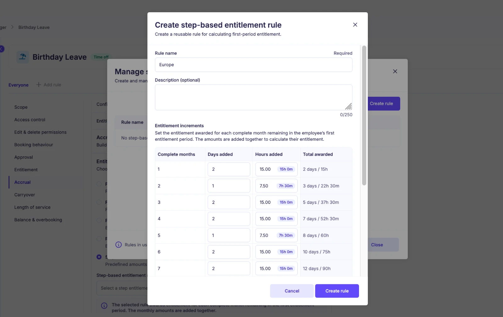 Sense HR Step-based entitlement rule with month increments and totals.